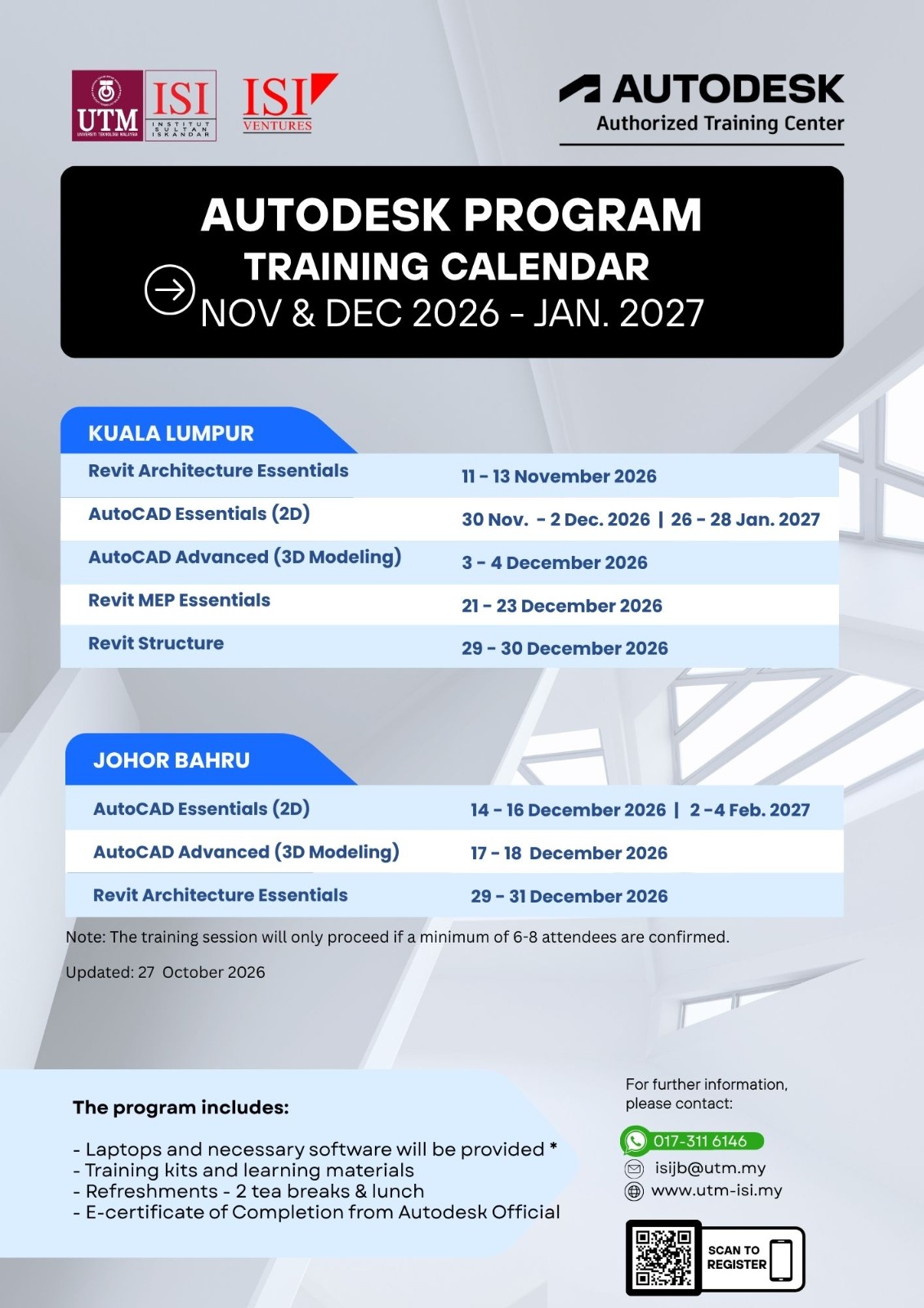 Training Calendar Nov - Dec26 - Jan27